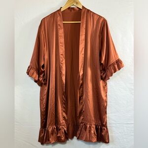 Satin Ruffle-Trim Kimono Robe in Rust
